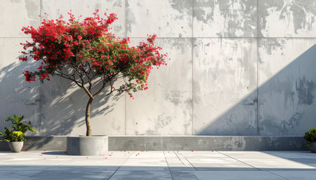A vibrant red flowering tree stands in a concrete planter against a textured concrete wall with strong shadows.の素材