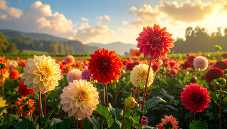 Detailed view of bright red and yellow dahlias in a field during golden hour, with mountains on the horizon.の素材