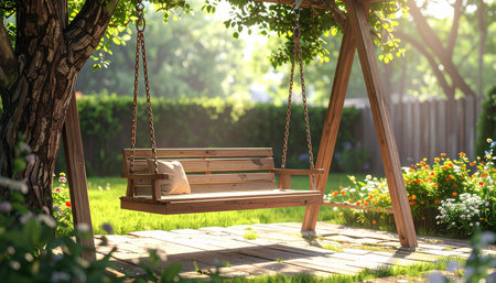 A wooden garden swing with a pillow sits in a sunlit backyard surrounded by greenery and flowers.の素材