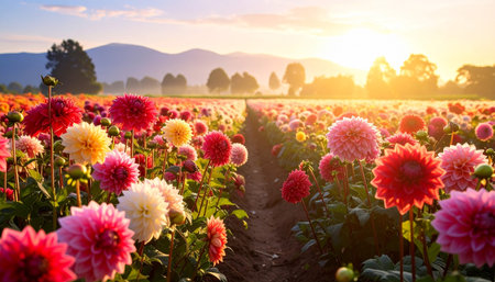 Pink and red dahlias in a field at sunrise, with sun flares illuminating the scene.の素材
