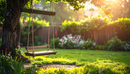 An empty wooden swing hangs from a tree branch in a sunlit garden with green grass and flowers.の素材