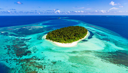 Drone shot of a small, densely forested tropical island with a white sand beach and clear turquoise lagoon.の素材