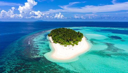 Drone shot of a small tropical island with a white sand beach, palm trees, and clear turquoise water.の素材