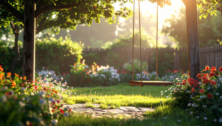 An empty wooden swing hangs from a tree branch in a lush garden bathed in warm sunlight.の素材