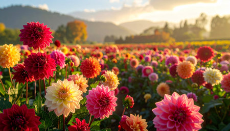A field of colorful dahlias in bloom during the morning light with rolling hills in the backgroundの素材