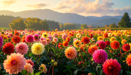 A vast field of colorful dahlias in bloom during golden hour with mountains in the distanceの素材