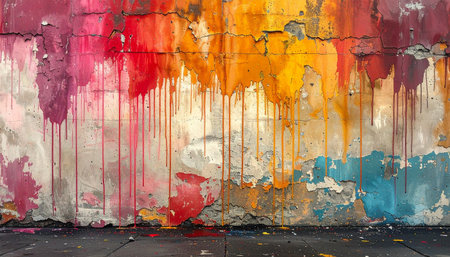 A vibrant, textured concrete wall with colorful paint dripping and splattering down onto the ground.の素材
