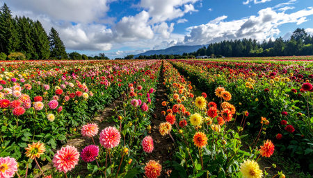 An expansive field of colorful dahlias stretches towards the horizon under a bright blue sky.の素材