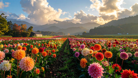 A wide view of a dahlia field bathed in sunset light with mountains and dramatic cloudsの素材