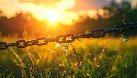A heavy metal chain link stretches across a sunlit green field during a golden sunset.の素材