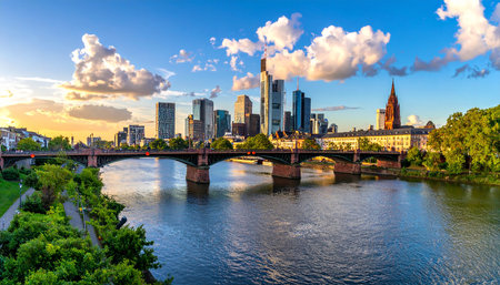 Frankfurt skyline with modern skyscrapers and a historic bridge over the Main River under a bright sky.の素材