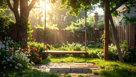 An empty wooden swing rests on a stone path in a sunlit garden filled with blooming flowers and lush green grass.の素材