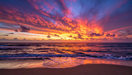 A vibrant sunset paints the sky with fiery orange, pink, and purple hues over a calm ocean with gentle waves.の素材