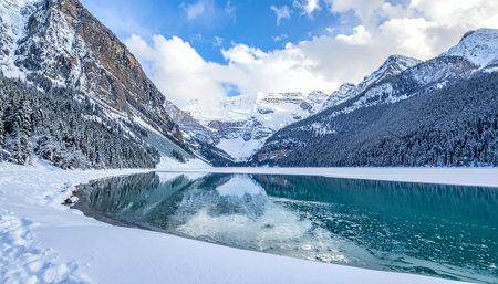 A stunning winter scene of a frozen lake reflecting snow-covered mountains and a blue sky with clouds.の素材