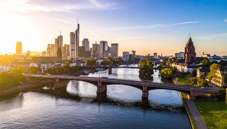 Frankfurt skyline at sunrise with the Main river and bridges, sun flare casting a warm glowの素材