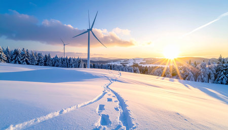 Footprints in a snowy field lead towards wind turbines at sunrise with bright sun rays.の素材