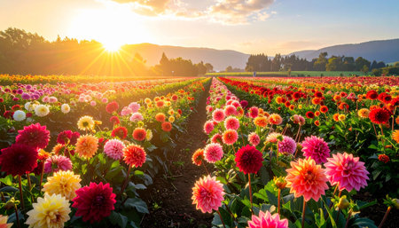 Rows of blooming dahlias stretch across a field under a golden sunset sky with sun raysの素材
