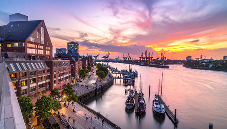 A vibrant sunset paints the sky over Hamburgs harbor and Speicherstadt with boats on the water.の素材