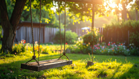 An empty wooden swing hangs from a tree in a sunlit garden with flowers and green grassの素材