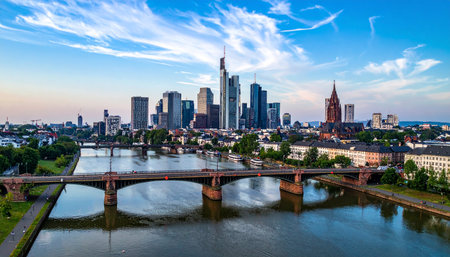 Frankfurt skyline with modern skyscrapers and historic buildings over the river Main and bridges.の素材