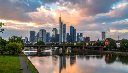 Frankfurt skyline at dusk with the River Main and bridges, featuring a dramatic cloudy sky.の素材