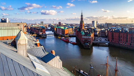 Historic Speicherstadt warehouse district in Hamburg with canals, bridges and boatsの素材