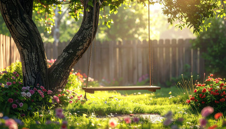 An empty wooden swing hangs from a tree in a sunlit garden filled with blooming flowers and green grass.の素材