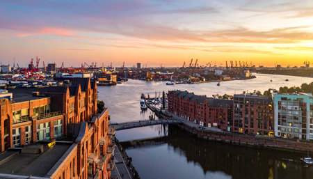 Hamburg Speicherstadt and harbor at sunset with a colorful sky and distant industrial cranes.の素材