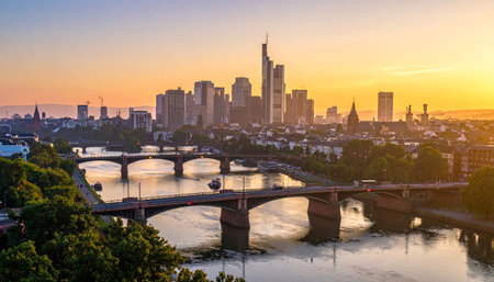Frankfurt skyline with bridges over the Main River at sunrise, illuminated by the golden sun.の素材