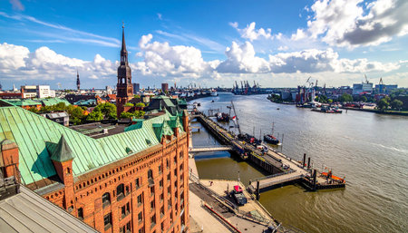 Historic brick warehouses and Elbe river with boats and cranes under a blue sky. Clear details and vibrant colors enh...の素材