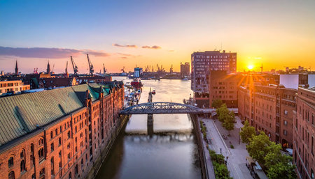 Between showing hamburg harbor bridge and historic buildings at sunset with industrial cranes keywords: hamburg,...の素材