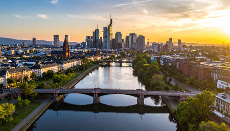 Frankfurt skyline at sunset with the Main River and bridges reflecting golden light from the sky.の素材