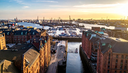 Hamburg Speicherstadt with canals, brick warehouses, boats, and people at sunset. Clear details and vibrant colors en...の素材