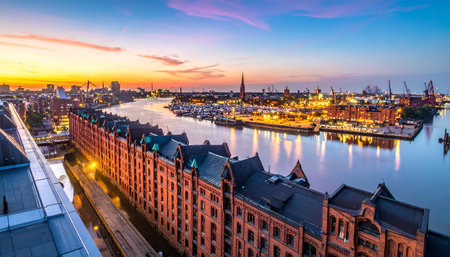 Historic Speicherstadt warehouses illuminated at dusk with a colorful sky. Clear details and vibrant colors enhance v...の素材