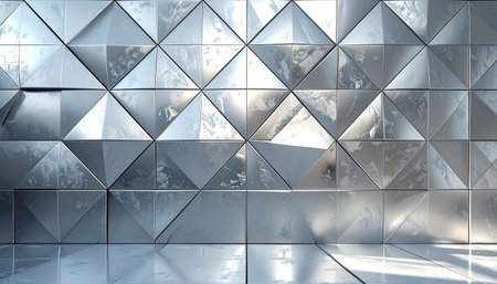 A wall of triangular geometric panels with a metallic, reflective surface and a tiled floor.の素材