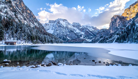 A frozen lake with snow covered mountains and trees, a small wooden cabin is visible on the left.の素材