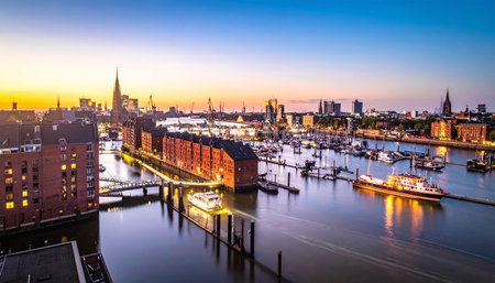 Hamburg's historic Speicherstadt illuminated at twilight with boats on the water and city lights.の素材