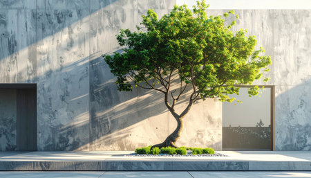A vibrant green tree stands against a textured concrete wall with dramatic sunlight and shadows.の素材