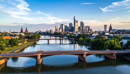 Frankfurt skyline with Main River and bridges under a clear blue sky with scattered white clouds.の素材