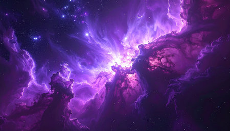 A bright, intense purple nebula with a glowing core and wispy clouds is set against a starry void.の素材