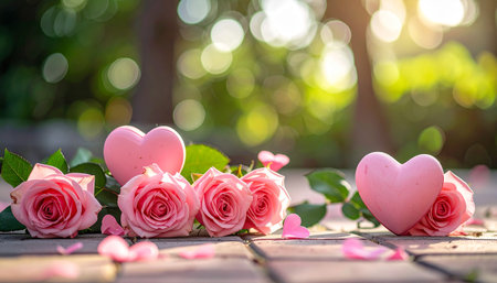 Stems showing multiple pink hearts and roses on brick path with green bokeh background keywords: pink roses, rose...の素材