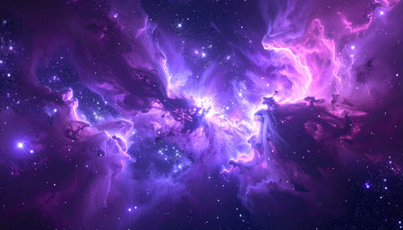 An expansive purple and pink nebula with a bright core and countless distant stars fills the cosmic scene.の素材