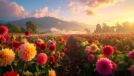 A wide view of a dahlia flower farm at sunrise, with misty mountains and a warm, colorful sky.の素材
