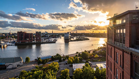 Hamburg harbor cityscape with Elbe river and industrial buildings bathed in sunset lightの素材