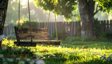 An empty wooden swing hangs from a tree in a sun-drenched garden filled with wildflowers and lush green grass.の素材