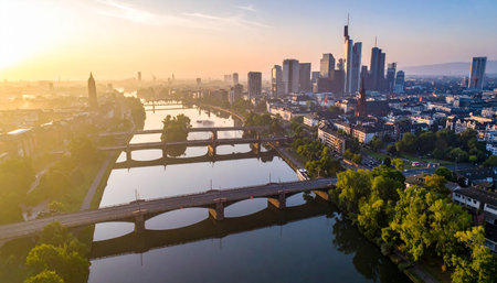Frankfurt skyline with Main River and bridges shrouded in morning mist with sunlight breaking through.の素材