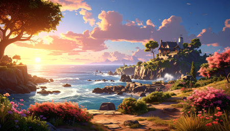 A vibrant coastal scene at sunset with a house on a cliff overlooking the ocean and colorful flowers.の素材