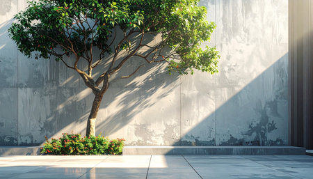 A lush green tree casts intricate shadows on a textured concrete wall, illuminated by bright sunlight in an outdoor...の素材