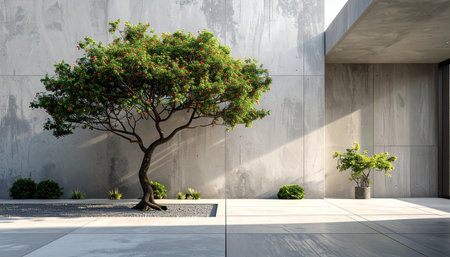 A lush green tree with small orange berries sits in a modern courtyard with concrete walls and a tiled floor.の素材