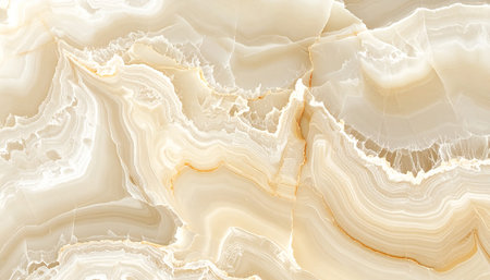 Light beige and cream onyx marble with translucent layers and jagged golden veins.の素材